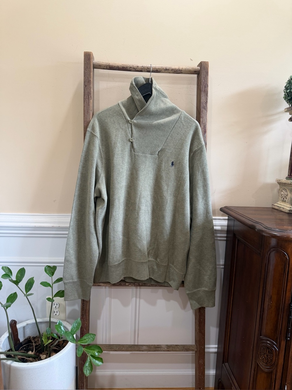 Polo by Ralph Lauren Men's Light Sage Green Button-Neck Pullover Sweater
